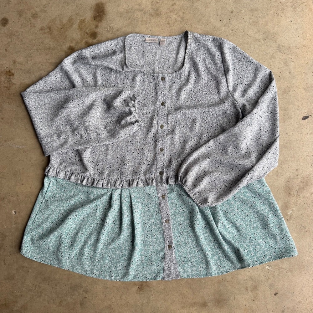 LOGO Lori Goldstein Top Women XL Gray Floral Peplum Button Up Long Sleeve Blouse - Picture 2 of 7